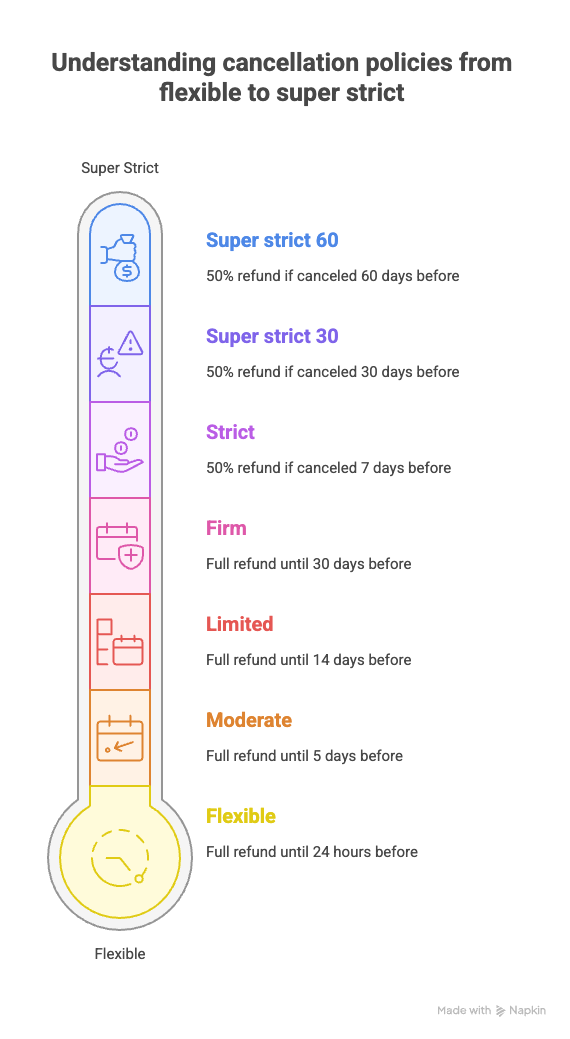 Infographic showing Airbnb cancellation policies 2025, from Flexible (most guest freedom) to Super Strict (most host security), detailing refund timelines.